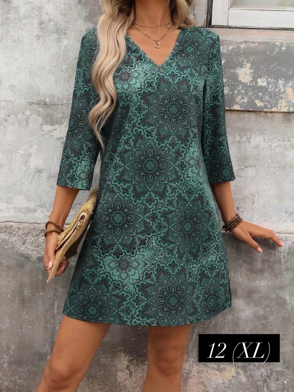 Green Printed V-Neck Women's Dress